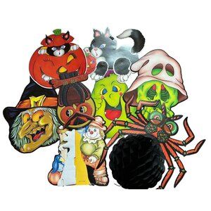 VTG Halloween Die-Cut Decorations 3D Moveable Witch Cat Pumkin Spider Lot of 8